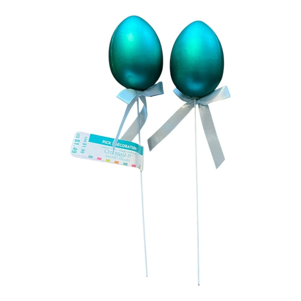 Celebrate It Easter Egg Floral Picks Kids OS Teal Brand New Metallic Ribbon 2pc